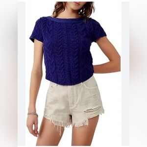 Free People top short sleeve blue Baby Cable sweater tee size small
